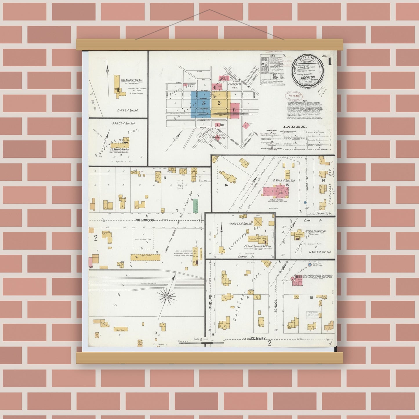Old map wall art mockup — magnetic wood frame on brick wall — Sanborn Fire Insurance Map from Decatur, Van Buren County, Michigan (1899) - Complete Map Set
