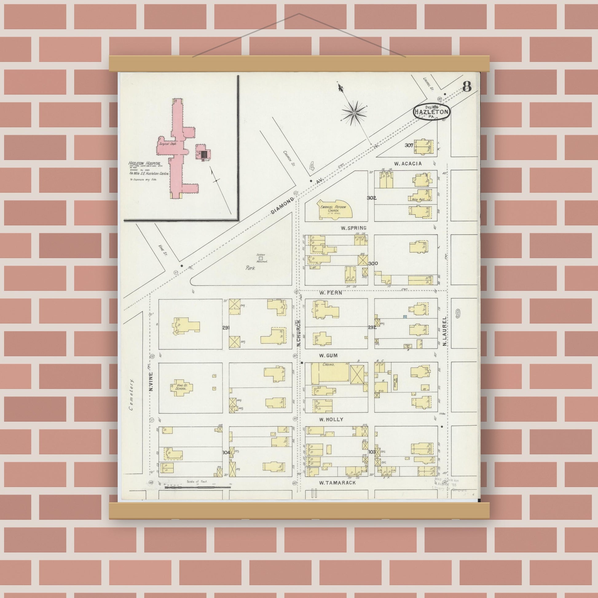 Old map wall art mockup — magnetic wood frame on brick wall — Sanborn Fire Insurance Map from Hazleton, Luzerne County, Pennsylvania (1895), Sheet #0008
