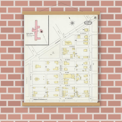 Old map wall art mockup — magnetic wood frame on brick wall — Sanborn Fire Insurance Map from Hazleton, Luzerne County, Pennsylvania (1895), Sheet #0008