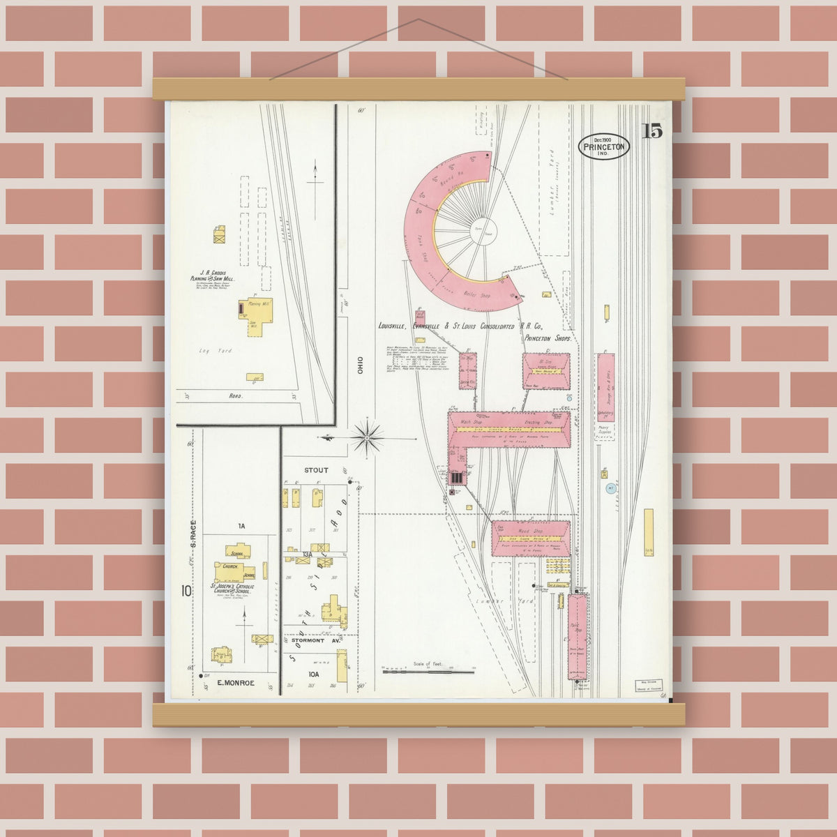 Old map wall art mockup — magnetic wood frame on brick wall — Sanborn Fire Insurance Map from Princeton, Gibson County, Indiana (1900), Sheet #0015