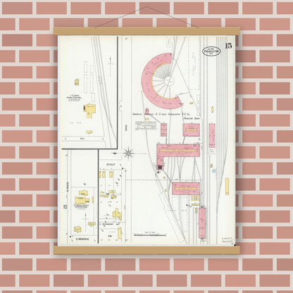Old map wall art mockup — magnetic wood frame on brick wall — Sanborn Fire Insurance Map from Princeton, Gibson County, Indiana (1900), Sheet #0015