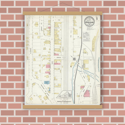 Old map wall art mockup — magnetic wood frame on brick wall — Sanborn Fire Insurance Map from Appalachia, Wise County, Virginia (1913) - Complete Map Set