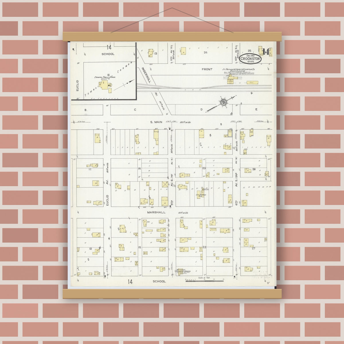 Old map wall art mockup — magnetic wood frame on brick wall — Sanborn Fire Insurance Map from Crookston, Polk County, Minnesota (1913), Sheet #0014