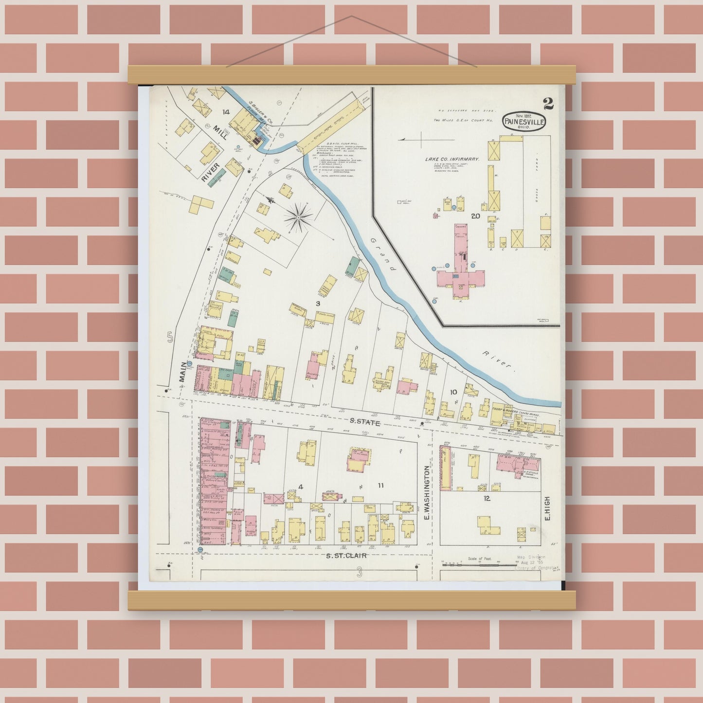 Old map wall art mockup — magnetic wood frame on brick wall — Sanborn Fire Insurance Map from Painesville, Lake County, Ohio (1892), Sheet #0002