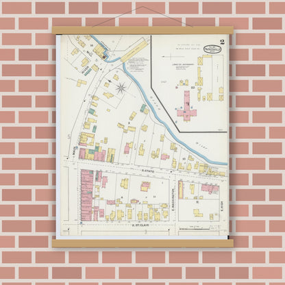 Old map wall art mockup — magnetic wood frame on brick wall — Sanborn Fire Insurance Map from Painesville, Lake County, Ohio (1892), Sheet #0002