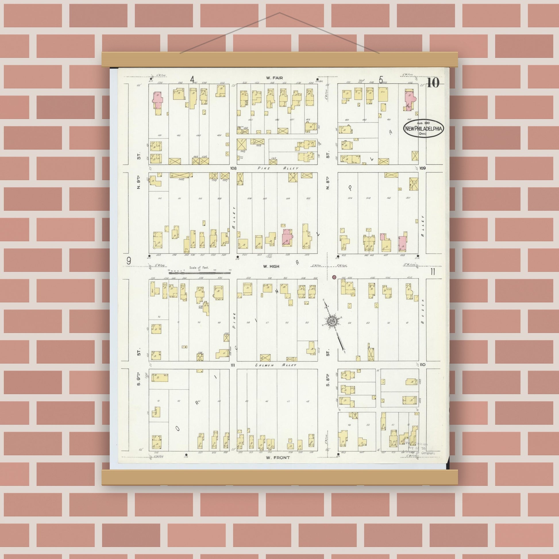 Old map wall art mockup — magnetic wood frame on brick wall — Sanborn Fire Insurance Map from New Philadelphia, Tuscarawas County, Ohio (1910), Sheet #0010