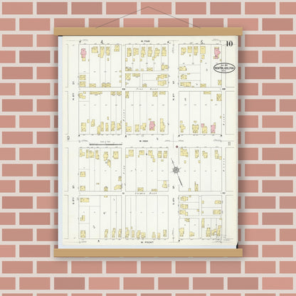 Old map wall art mockup — magnetic wood frame on brick wall — Sanborn Fire Insurance Map from New Philadelphia, Tuscarawas County, Ohio (1910), Sheet #0010