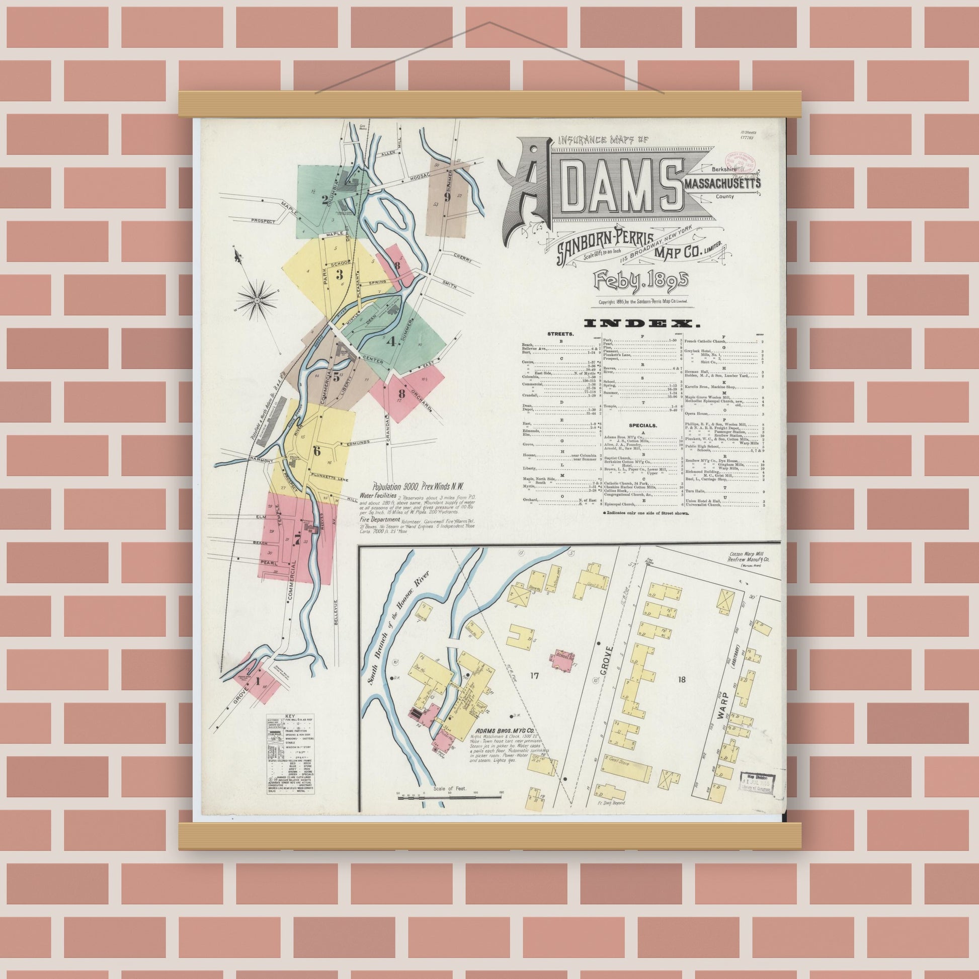 Old map wall art mockup — magnetic wood frame on brick wall — Sanborn Fire Insurance Map from Adams, Berkshire County, Massachusetts (1895), Sheet #0001