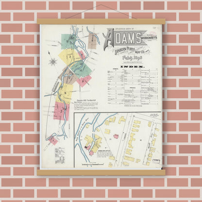 Old map wall art mockup — magnetic wood frame on brick wall — Sanborn Fire Insurance Map from Adams, Berkshire County, Massachusetts (1895), Sheet #0001
