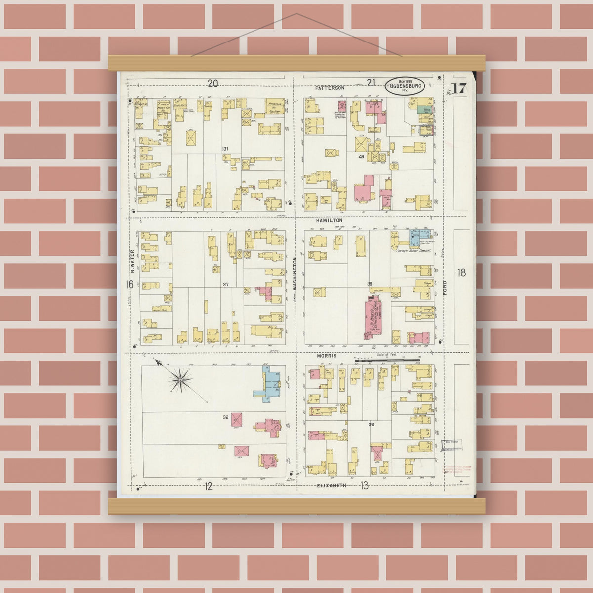 Old map wall art mockup — magnetic wood frame on brick wall — Sanborn Fire Insurance Map from Ogdensburg, St. Lawrence County, New York (1898), Sheet #0017
