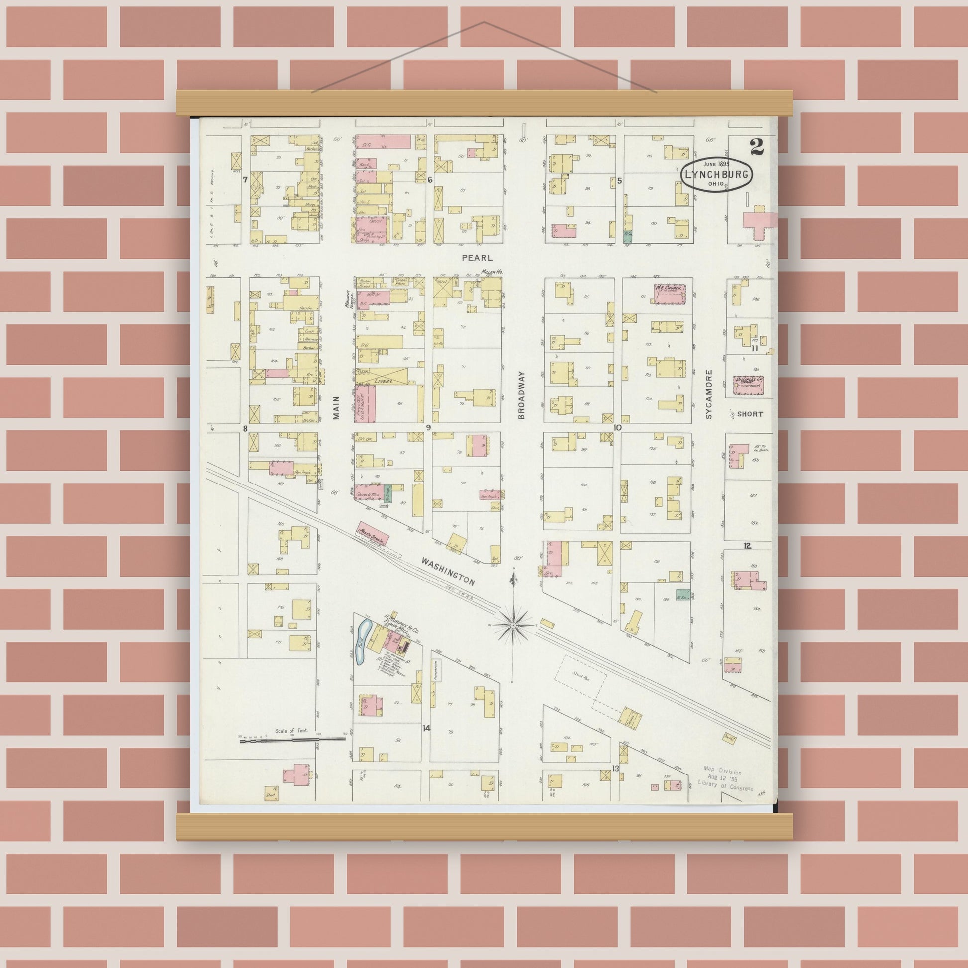 Old map wall art mockup — magnetic wood frame on brick wall — Sanborn Fire Insurance Map from Lynchburg, Highland County, Ohio (1895), Sheet #0002