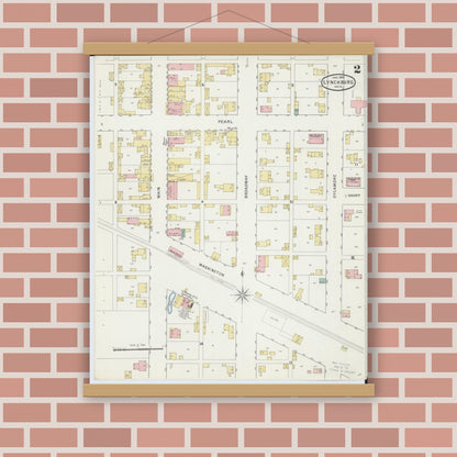 Old map wall art mockup — magnetic wood frame on brick wall — Sanborn Fire Insurance Map from Lynchburg, Highland County, Ohio (1895), Sheet #0002