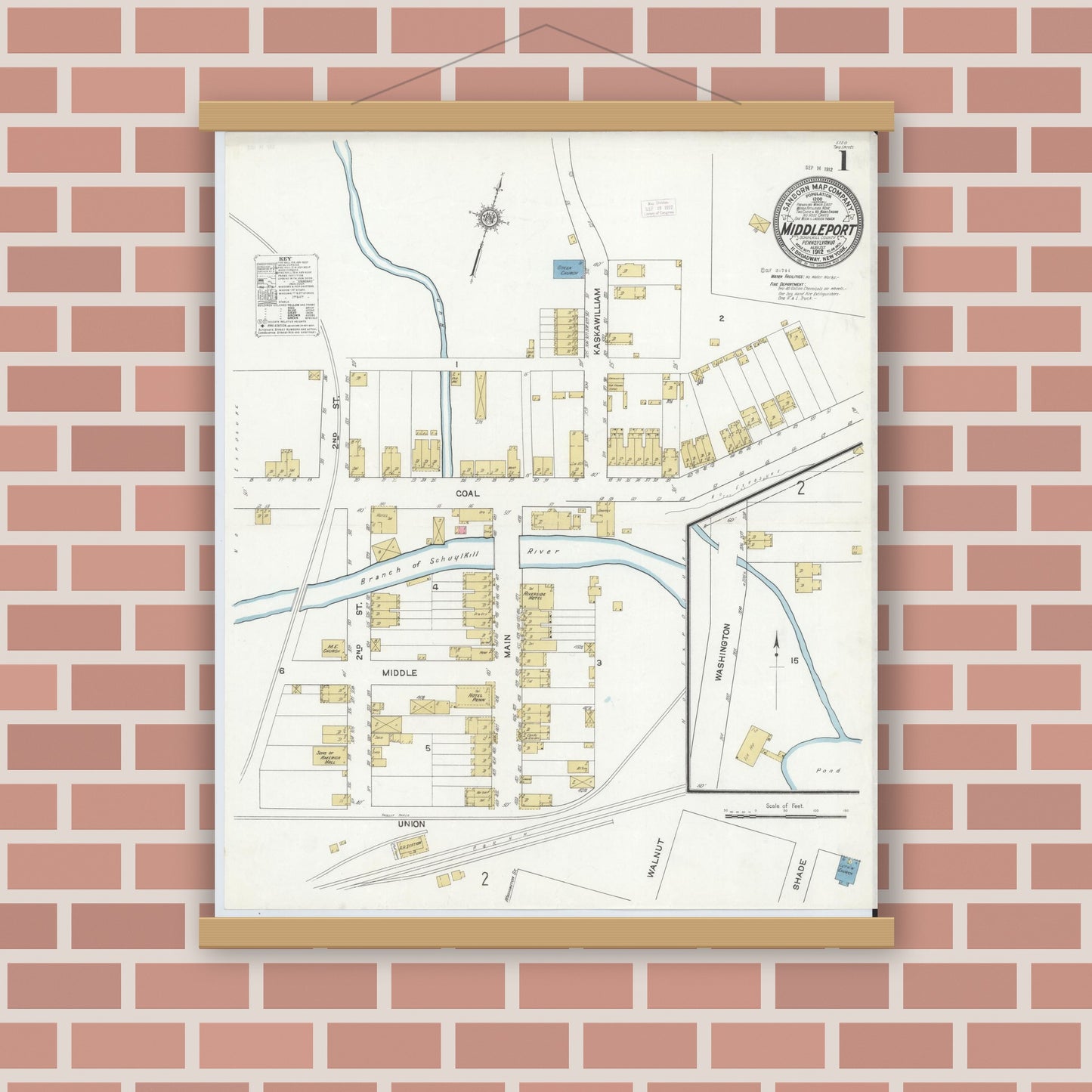 Old map wall art mockup — magnetic wood frame on brick wall — Sanborn Fire Insurance Map from Middleport, Schuylkill County, Pennsylvania (1912) - Complete Map Set