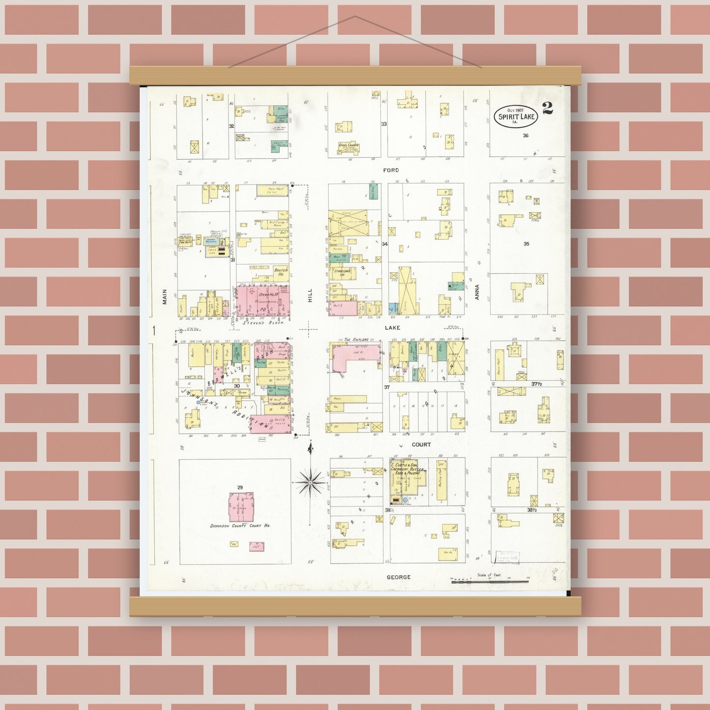 Old map wall art mockup — magnetic wood frame on brick wall — Sanborn Fire Insurance Map from Spirit Lake, Dickinson County, Iowa (1907), Sheet #0002
