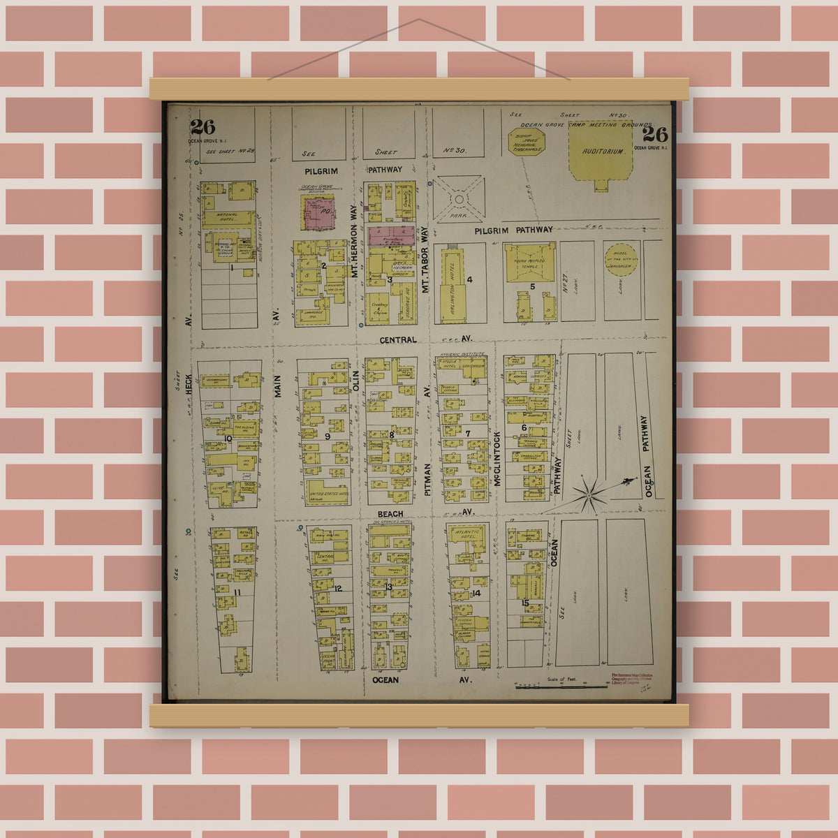 Old map wall art mockup — magnetic wood frame on brick wall — Sanborn Fire Insurance Map from New Jersey Coast, New Jersey Coast, New Jersey (1890), Sheet #0026