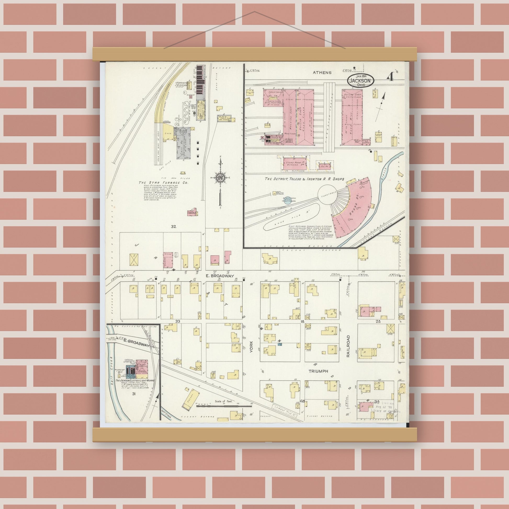 Old map wall art mockup — magnetic wood frame on brick wall — Sanborn Fire Insurance Map from Jackson, Jackson County, Ohio (1914), Sheet #0004