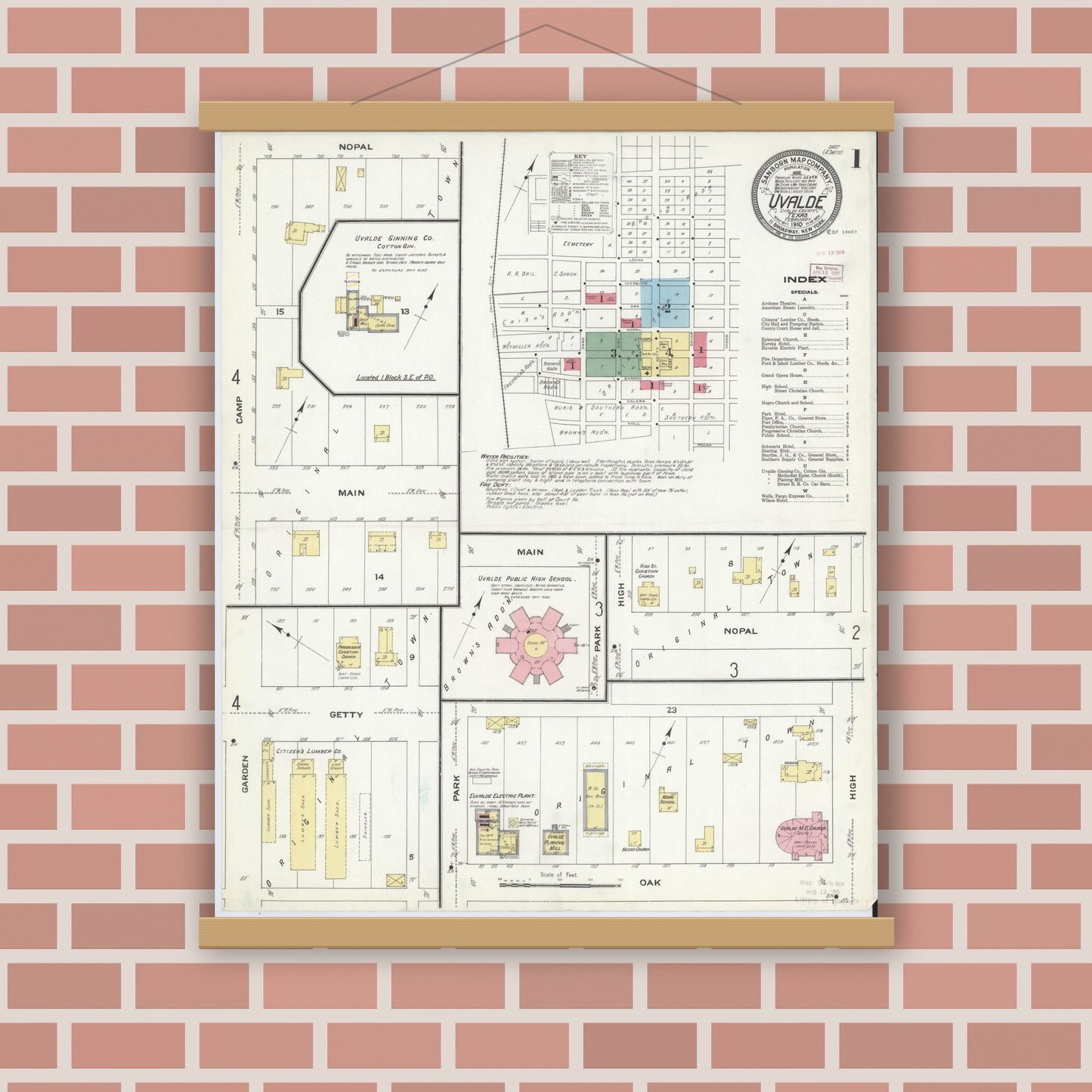 Old map wall art mockup — magnetic wood frame on brick wall — Sanborn Fire Insurance Map from Uvalde, Uvalde County, Texas (1910), Sheet #0001