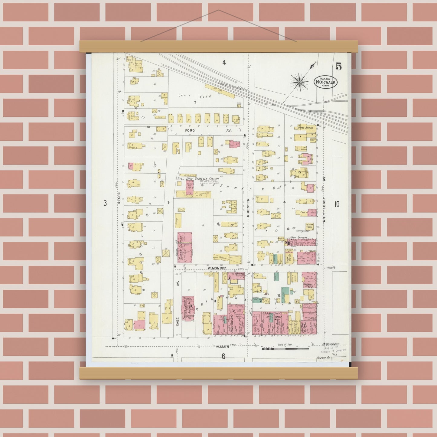 Old map wall art mockup — magnetic wood frame on brick wall — Sanborn Fire Insurance Map from Norwalk, Huron County, Ohio (1906), Sheet #0005