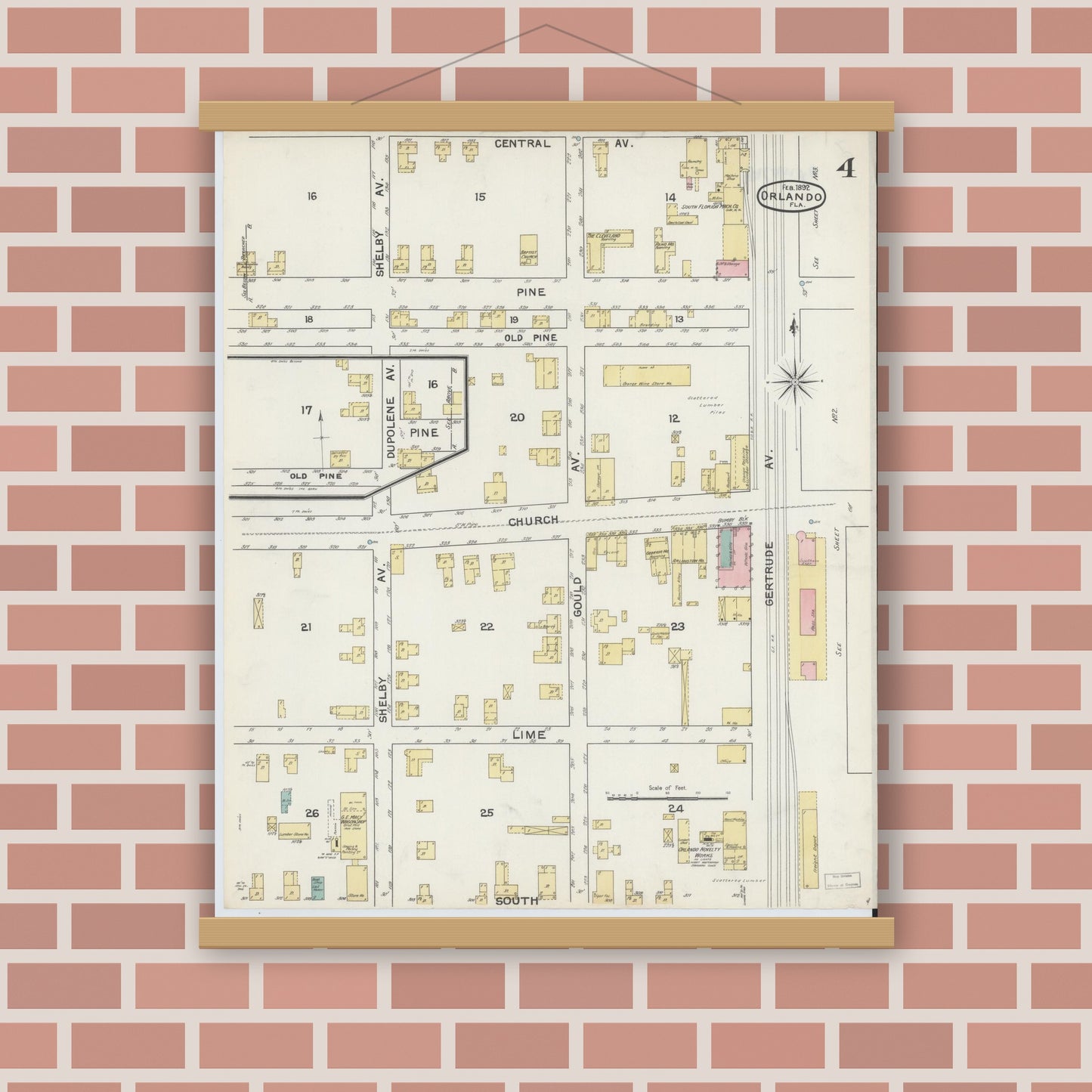 Old map wall art mockup — magnetic wood frame on brick wall — Sanborn Fire Insurance Map from Orlando, Orange County, Florida (1892), Sheet #0004