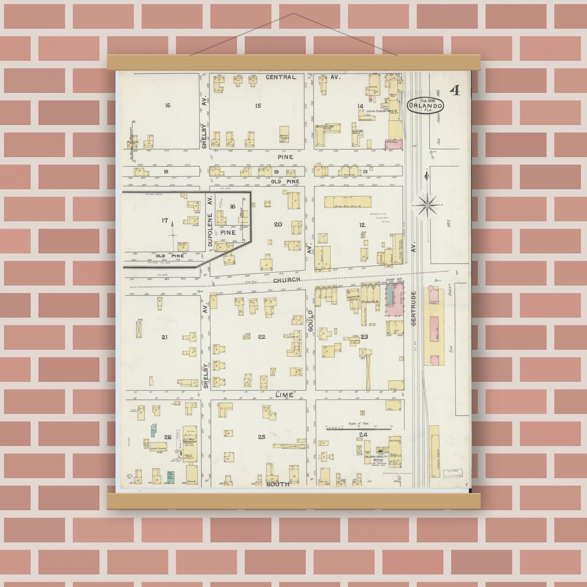 Old map wall art mockup — magnetic wood frame on brick wall — Sanborn Fire Insurance Map from Orlando, Orange County, Florida (1892), Sheet #0004