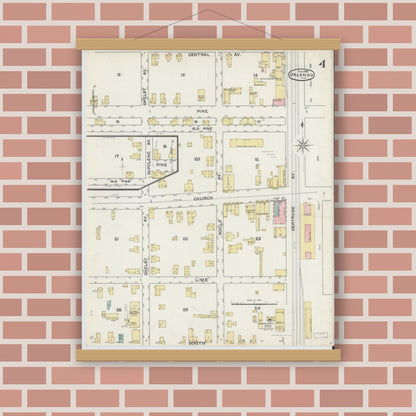 Old map wall art mockup — magnetic wood frame on brick wall — Sanborn Fire Insurance Map from Orlando, Orange County, Florida (1892), Sheet #0004
