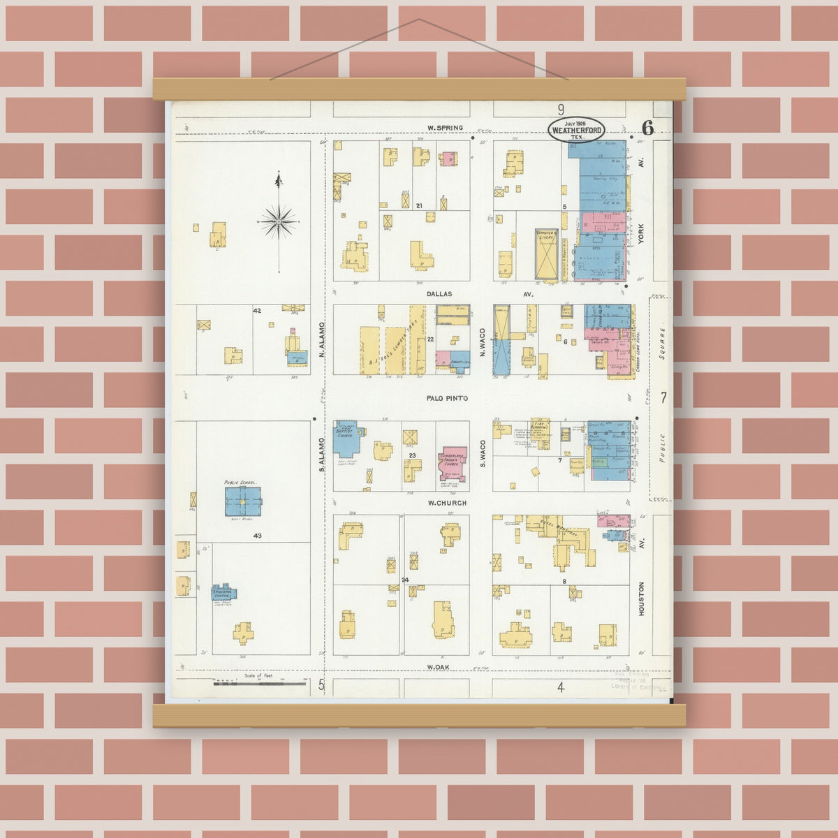 Old map wall art mockup — magnetic wood frame on brick wall — Sanborn Fire Insurance Map from Weatherford, Parker County, Texas (1905), Sheet #0006