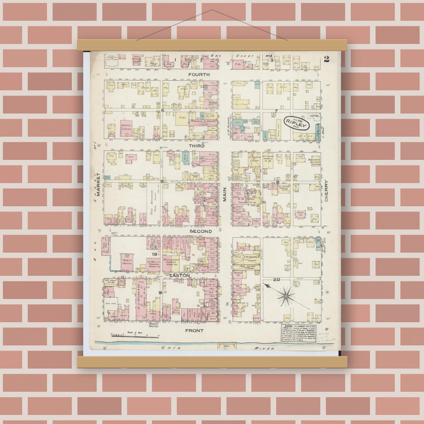 Old map wall art mockup — magnetic wood frame on brick wall — Sanborn Fire Insurance Map from Ripley, Brown County, Ohio (1884), Sheet #0002