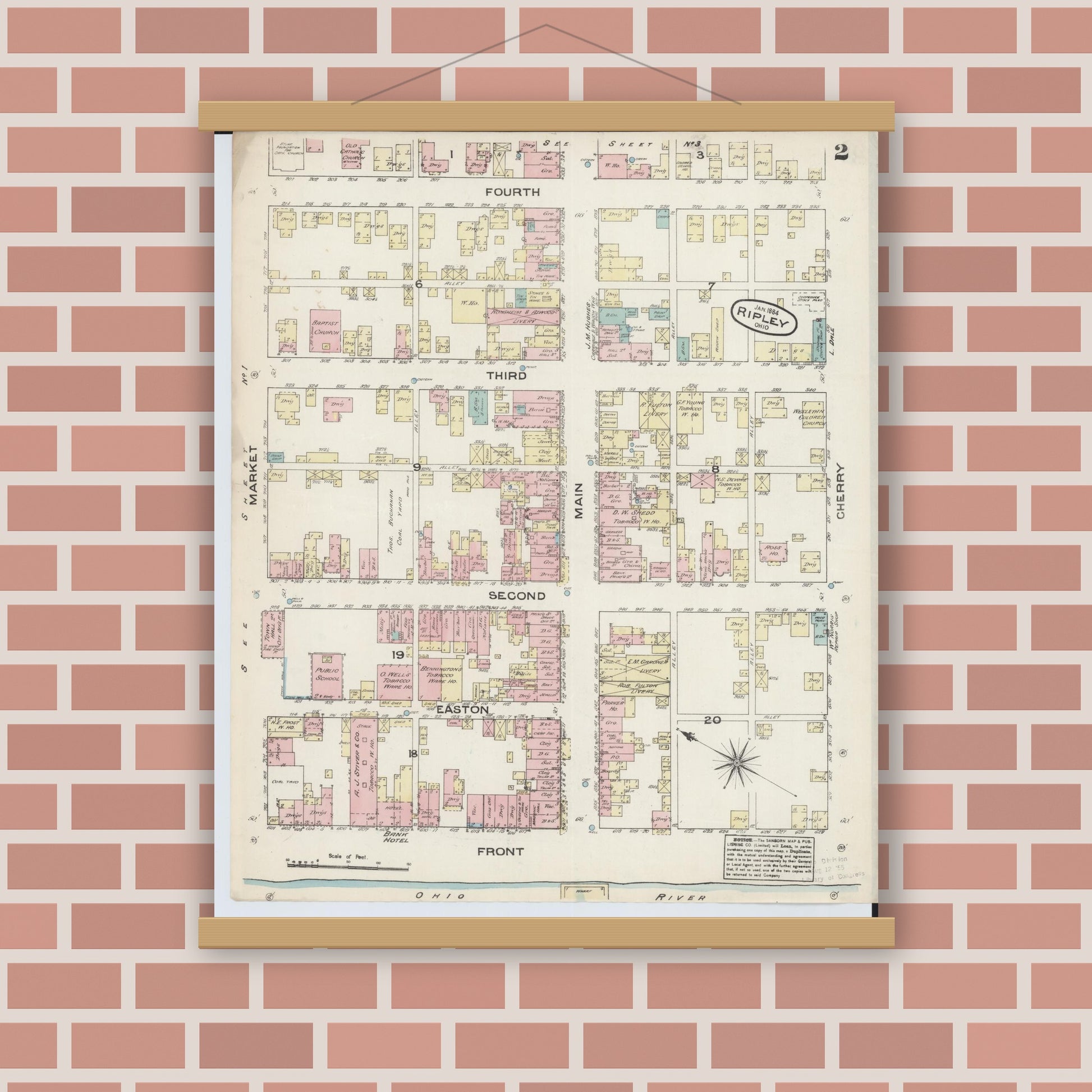 Old map wall art mockup — magnetic wood frame on brick wall — Sanborn Fire Insurance Map from Ripley, Brown County, Ohio (1884), Sheet #0002