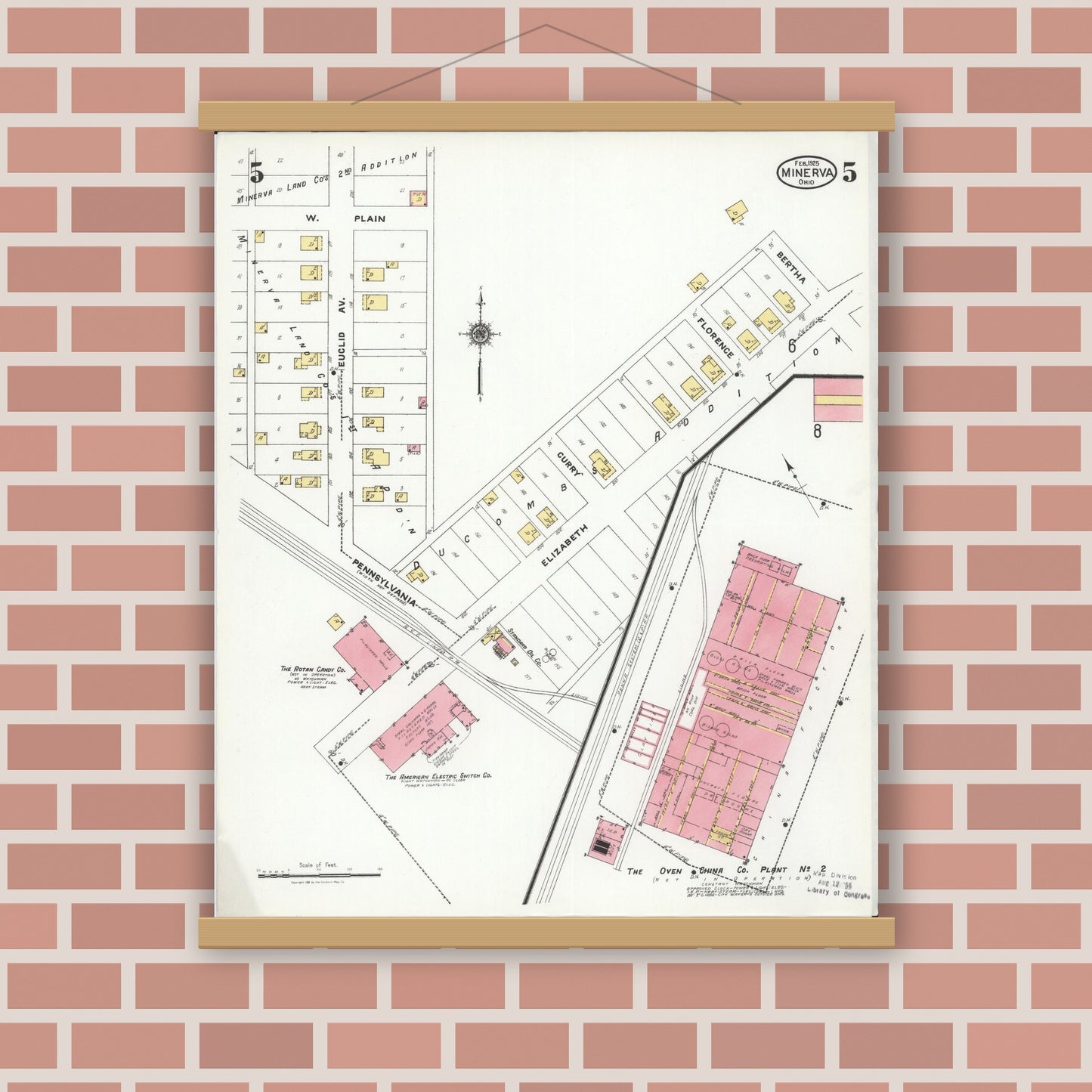 Old map wall art mockup — magnetic wood frame on brick wall — Sanborn Fire Insurance Map from Minerva, Stark And Carroll Counties, Ohio (1925), Sheet #0005