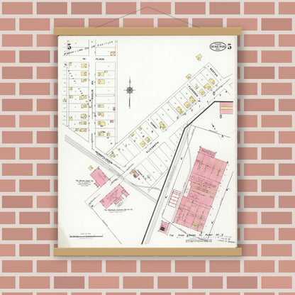 Old map wall art mockup — magnetic wood frame on brick wall — Sanborn Fire Insurance Map from Minerva, Stark And Carroll Counties, Ohio (1925), Sheet #0005