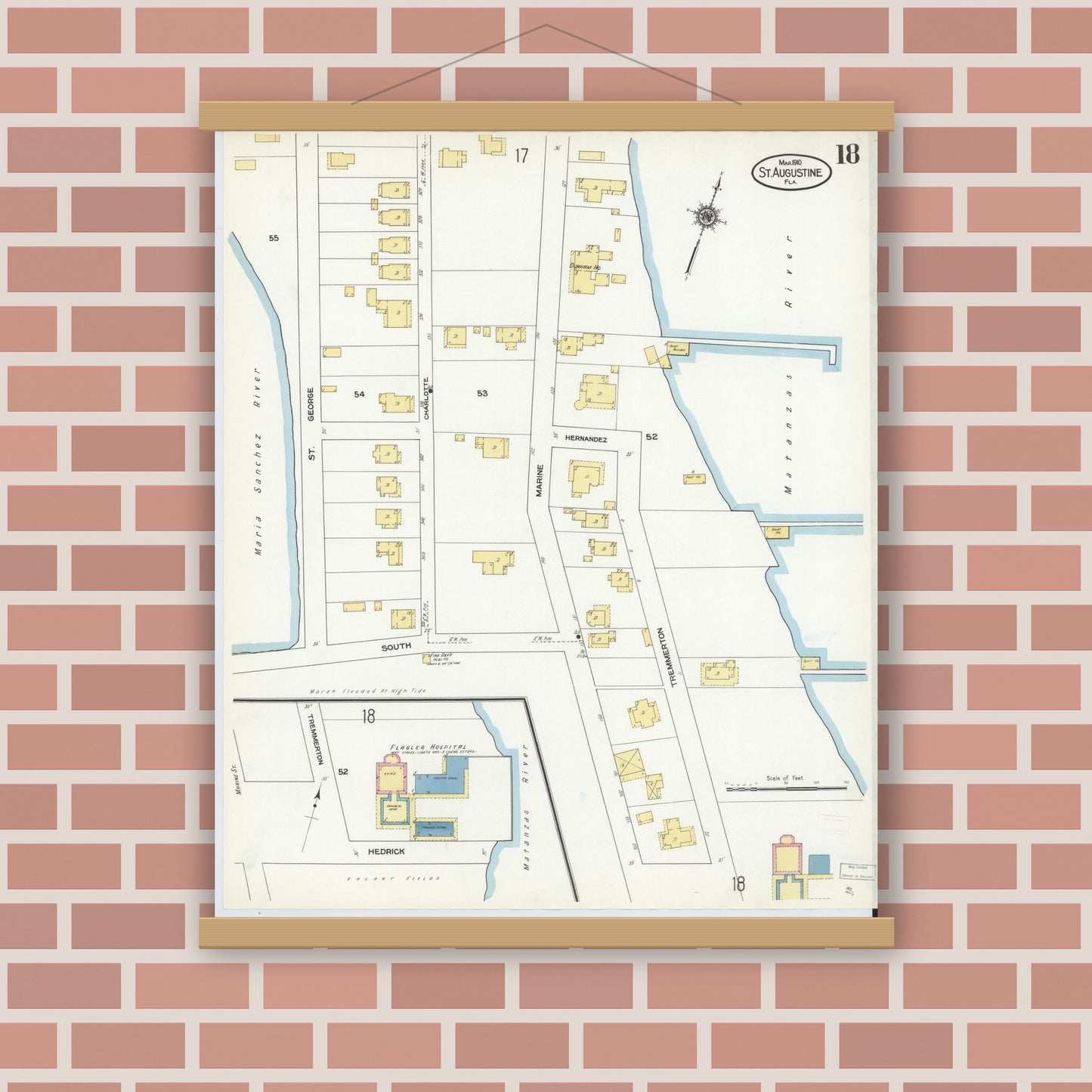Old map wall art mockup — magnetic wood frame on brick wall — Sanborn Fire Insurance Map from Saint Augustine, Saint John's County, Florida (1910), Sheet #0018