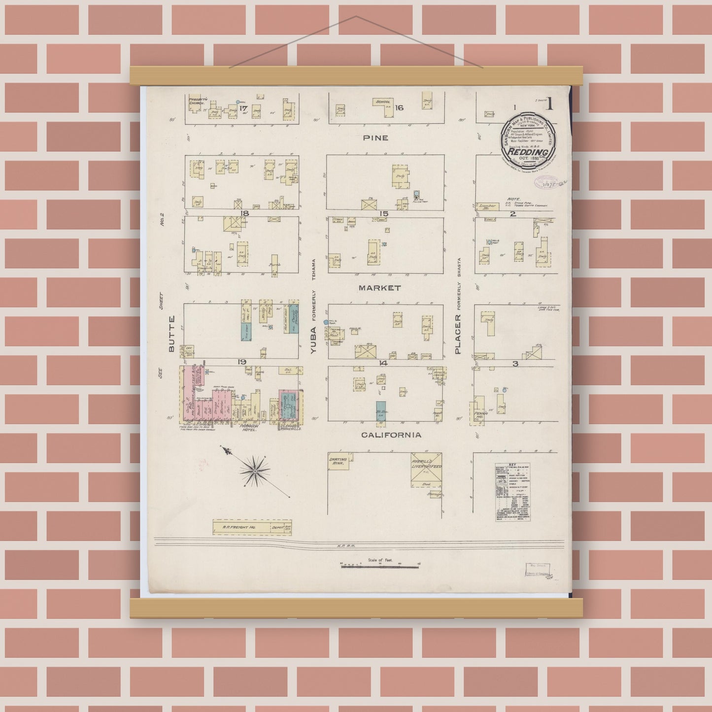Old map wall art mockup — magnetic wood frame on brick wall — Sanborn Fire Insurance Map from Redding, Shasta County, California (1885) - Complete Map Set