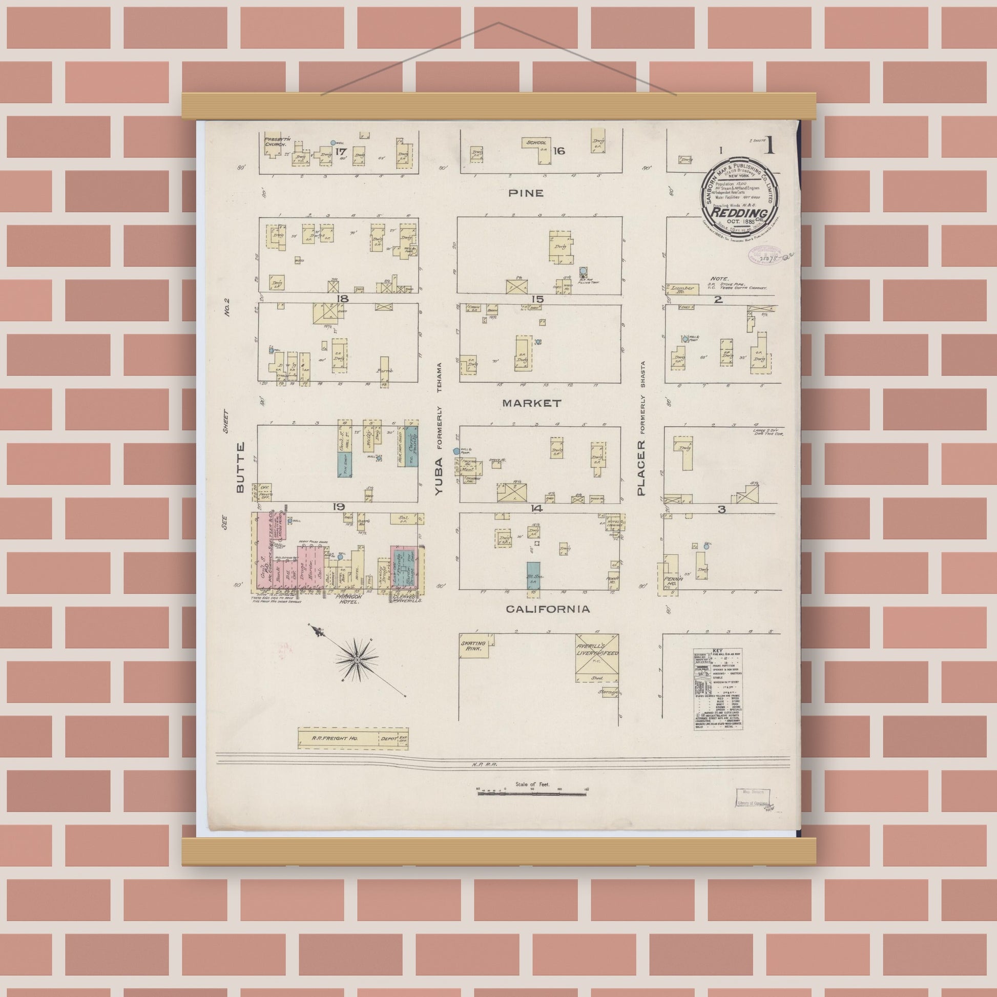 Old map wall art mockup — magnetic wood frame on brick wall — Sanborn Fire Insurance Map from Redding, Shasta County, California (1885) - Complete Map Set