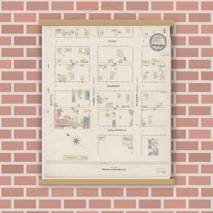 Old map wall art mockup — magnetic wood frame on brick wall — Sanborn Fire Insurance Map from Redding, Shasta County, California (1885) - Complete Map Set