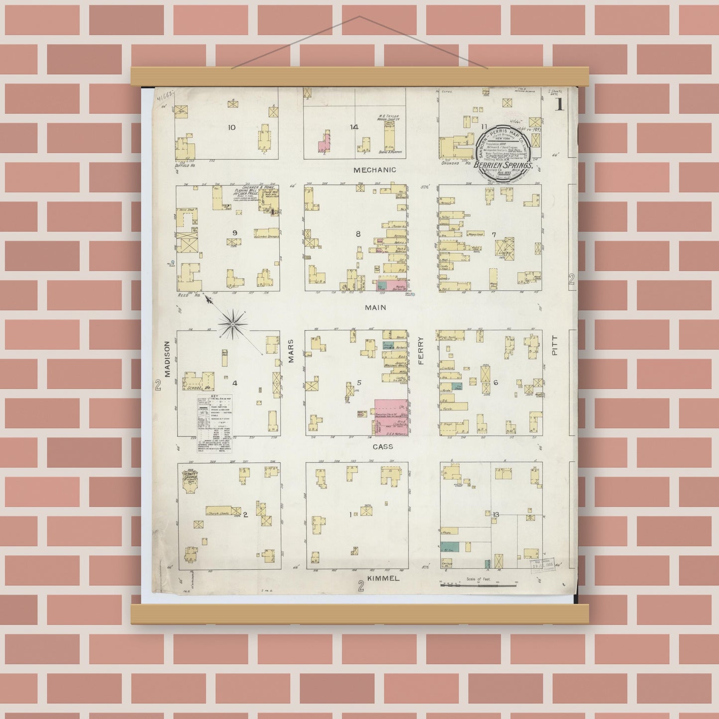 Old map wall art mockup — magnetic wood frame on brick wall — Sanborn Fire Insurance Map from Berrien Springs, Berrien County, Michigan (1893), Sheet #0001