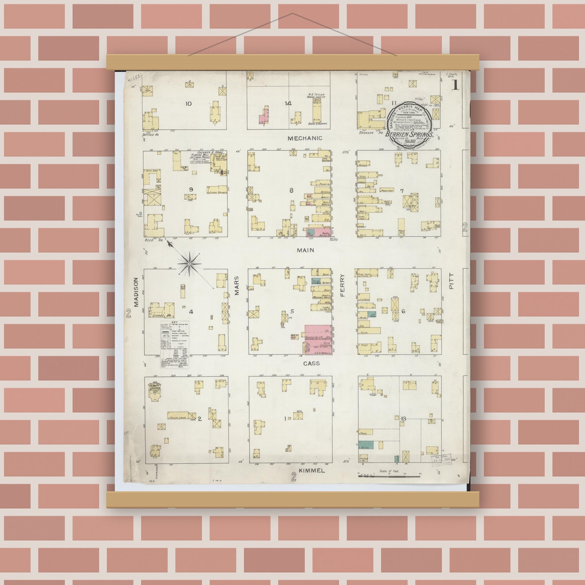 Old map wall art mockup — magnetic wood frame on brick wall — Sanborn Fire Insurance Map from Berrien Springs, Berrien County, Michigan (1893), Sheet #0001