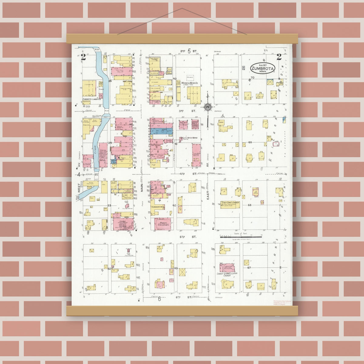 Old map wall art mockup — magnetic wood frame on brick wall — Sanborn Fire Insurance Map from Zumbrota, Goodhue County, Minnesota (1927), Sheet #0002