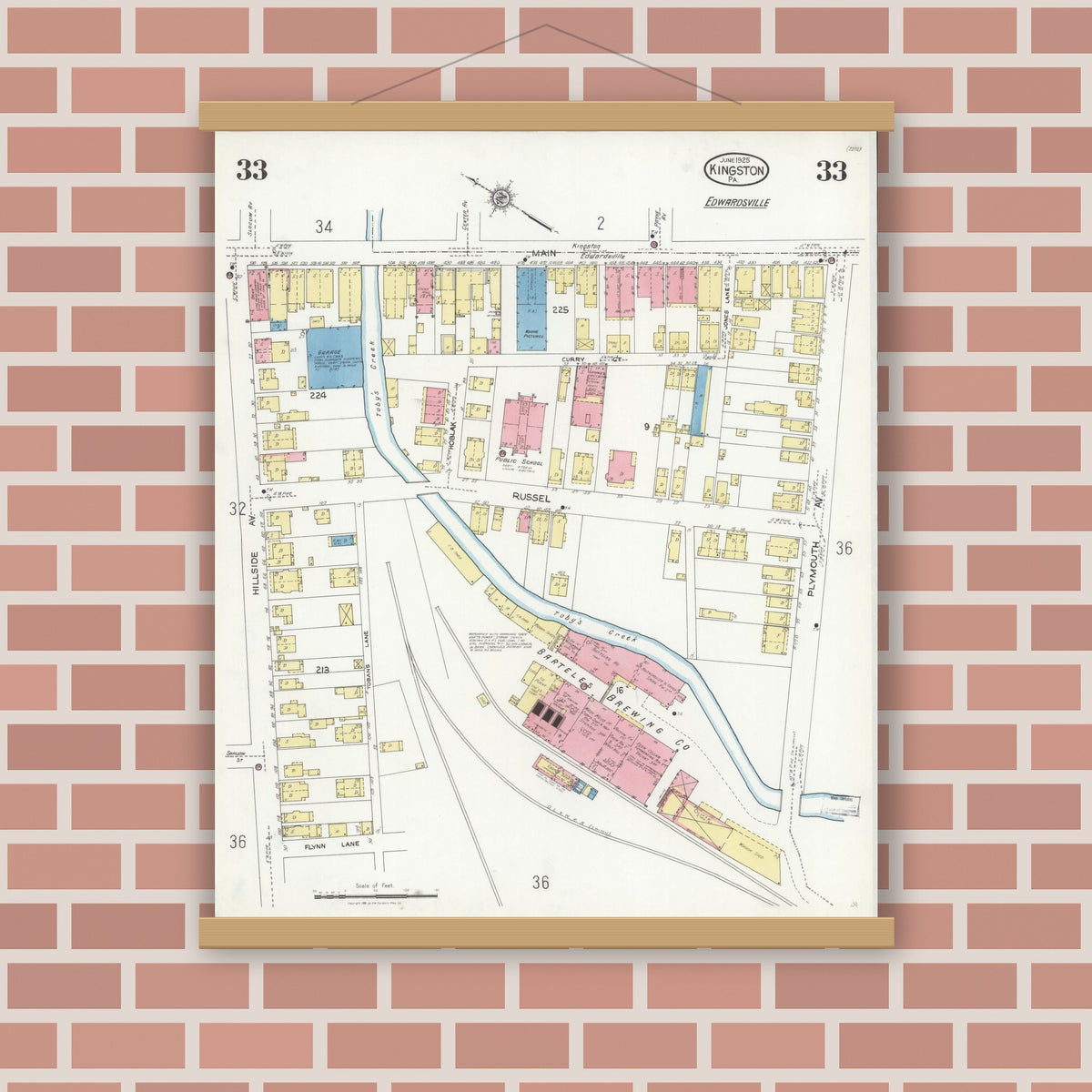Old map wall art mockup — magnetic wood frame on brick wall — Sanborn Fire Insurance Map from Kingston, Luzerne County, Pennsylvania (1925), Sheet #0033
