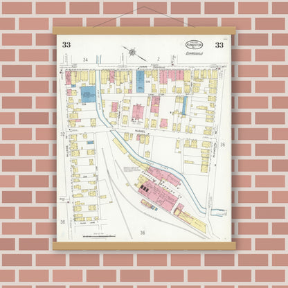 Old map wall art mockup — magnetic wood frame on brick wall — Sanborn Fire Insurance Map from Kingston, Luzerne County, Pennsylvania (1925), Sheet #0033