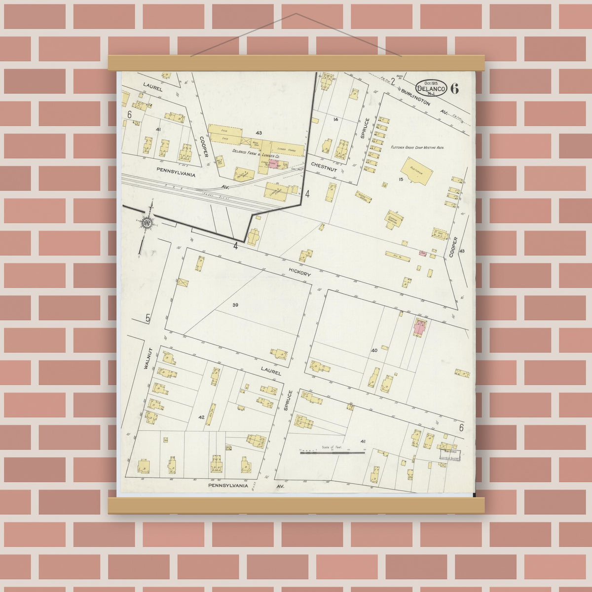 Old map wall art mockup — magnetic wood frame on brick wall — Sanborn Fire Insurance Map from Delanco, Burlington County, New Jersey (1915), Sheet #0006