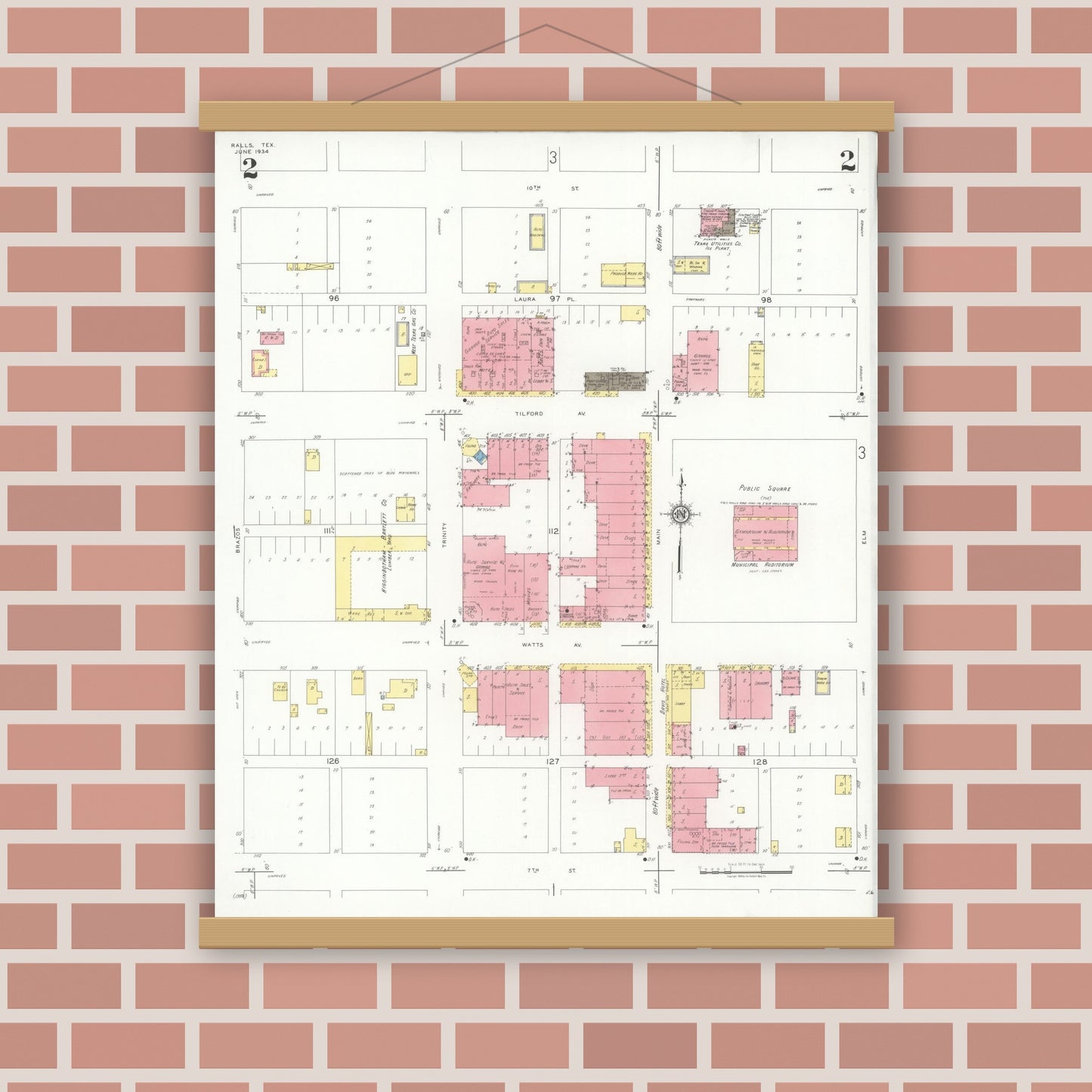 Old map wall art mockup — magnetic wood frame on brick wall — Sanborn Fire Insurance Map from Ralls, Crosby County, Texas (1934), Sheet #0002