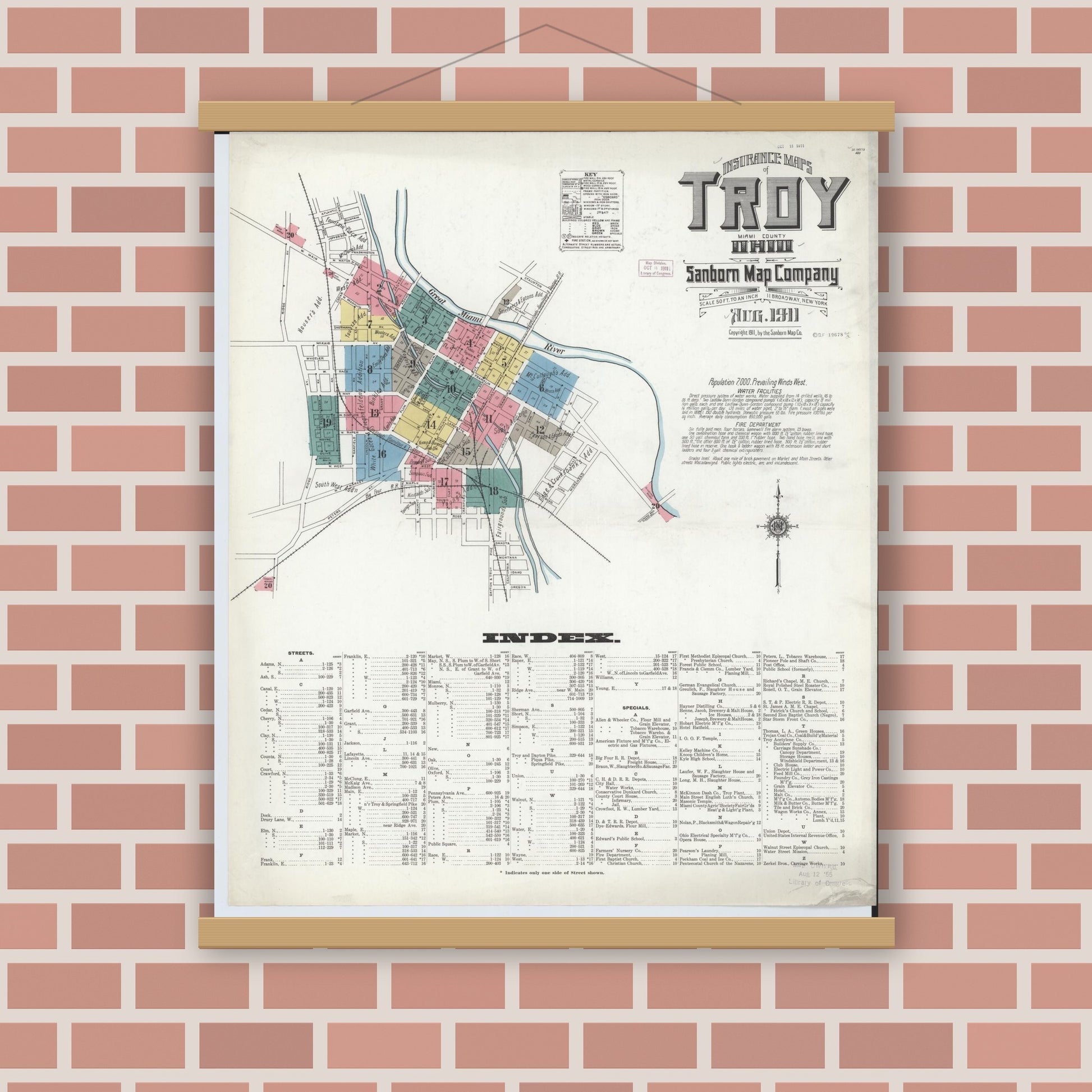 Old map wall art mockup — magnetic wood frame on brick wall — Sanborn Fire Insurance Map from Troy, Miami County, Ohio (1911), Sheet #0001
