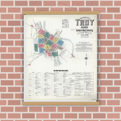 Old map wall art mockup — magnetic wood frame on brick wall — Sanborn Fire Insurance Map from Troy, Miami County, Ohio (1911), Sheet #0001