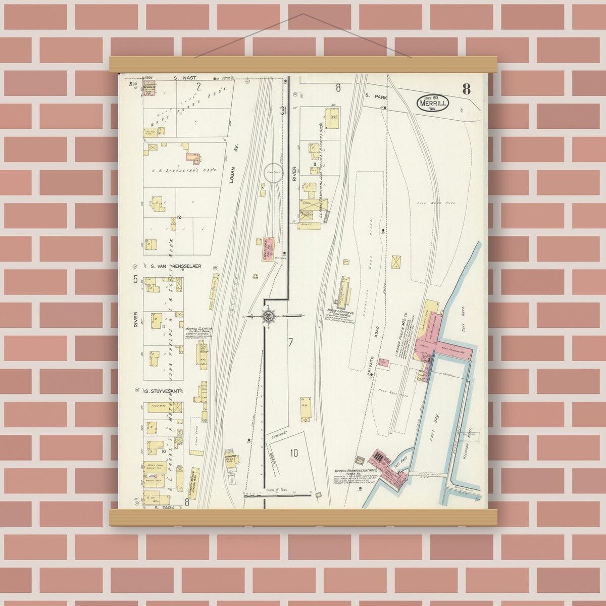 Old map wall art mockup — magnetic wood frame on brick wall — Sanborn Fire Insurance Map from Merrill, Lincoln County, Wisconsin (1913), Sheet #0008
