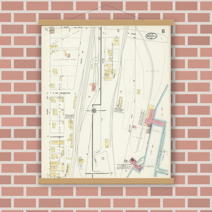 Old map wall art mockup — magnetic wood frame on brick wall — Sanborn Fire Insurance Map from Merrill, Lincoln County, Wisconsin (1913), Sheet #0008