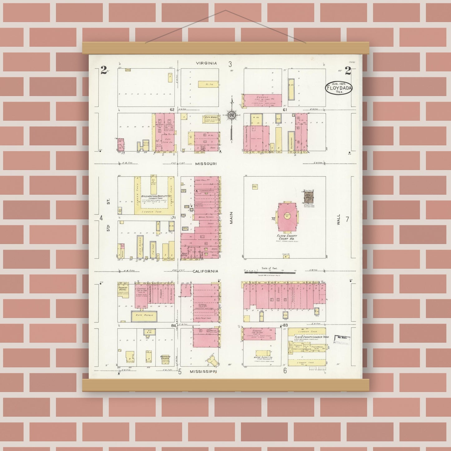 Old map wall art mockup — magnetic wood frame on brick wall — Sanborn Fire Insurance Map from Floydada, Floyd County, Texas (1925), Sheet #0002