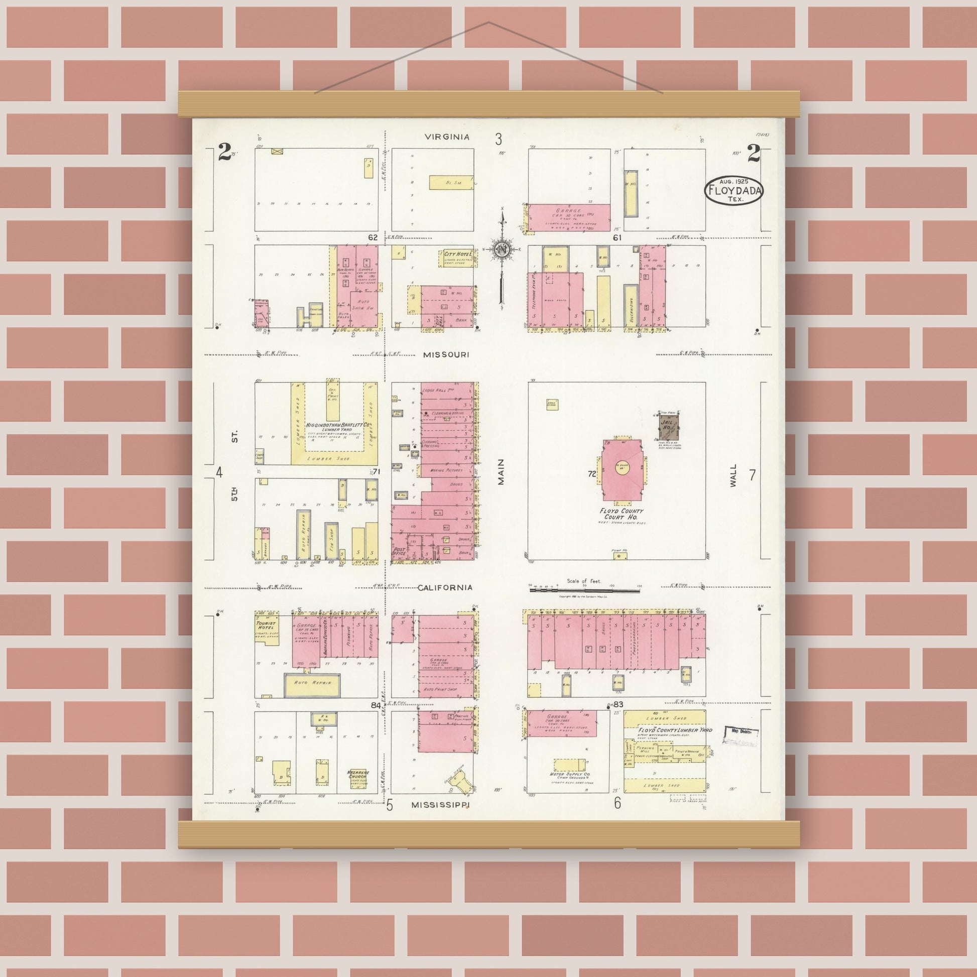 Old map wall art mockup — magnetic wood frame on brick wall — Sanborn Fire Insurance Map from Floydada, Floyd County, Texas (1925), Sheet #0002