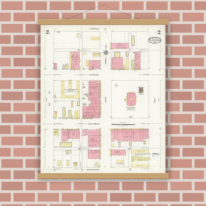 Old map wall art mockup — magnetic wood frame on brick wall — Sanborn Fire Insurance Map from Floydada, Floyd County, Texas (1925), Sheet #0002