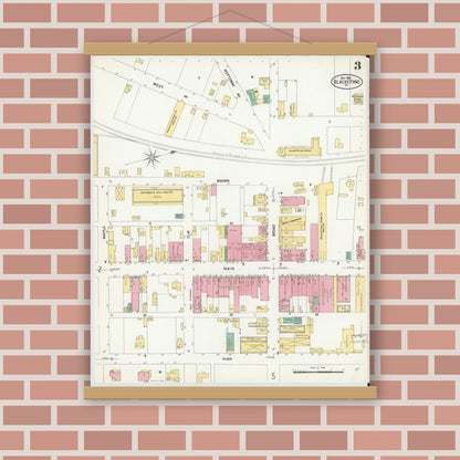 Old map wall art mockup — magnetic wood frame on brick wall — Sanborn Fire Insurance Map from Blackstone, Nottoway County, Virginia (1908), Sheet #0003