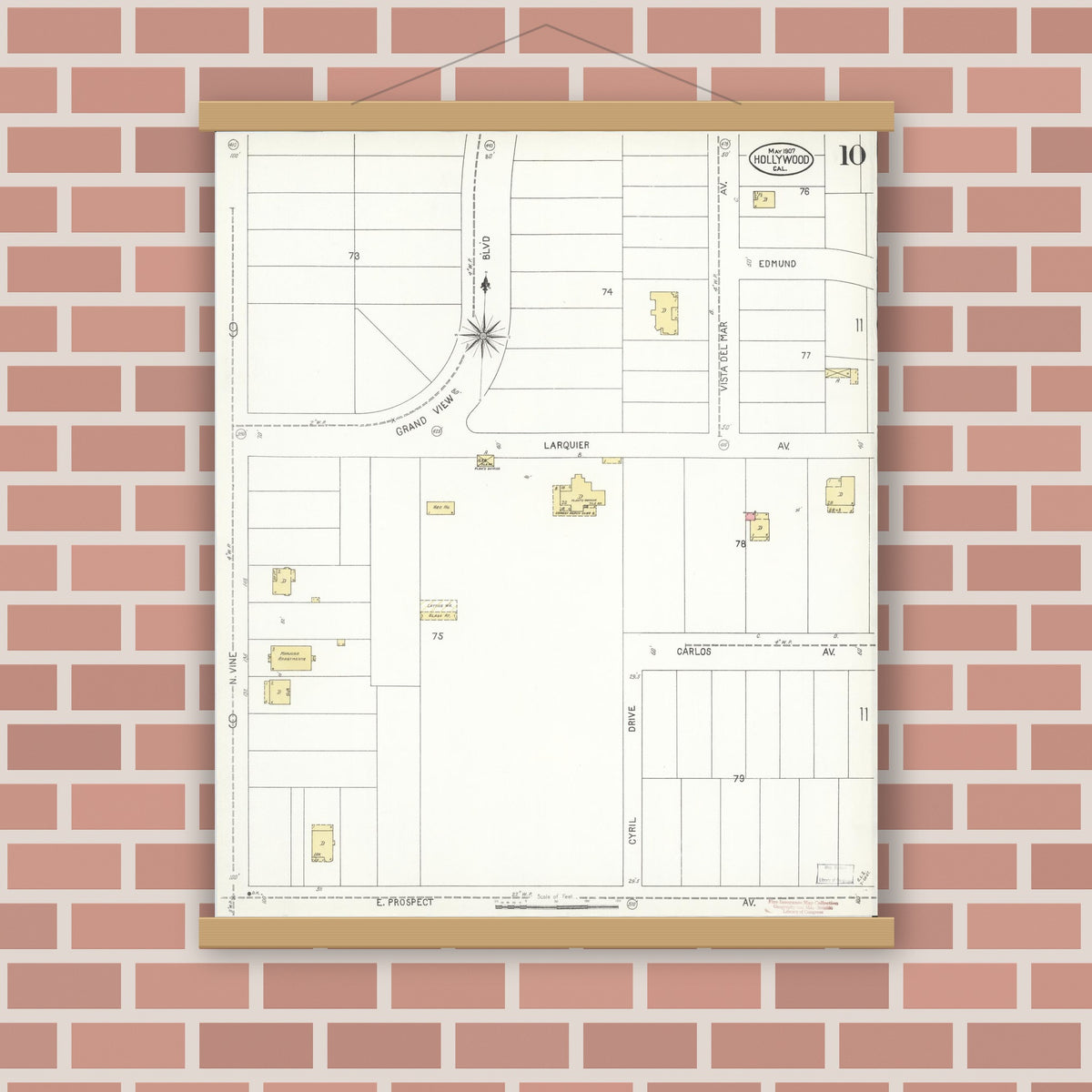 Old map wall art mockup — magnetic wood frame on brick wall — Sanborn Fire Insurance Map from Hollywood, Los Angeles County, California (1907), Sheet #0010